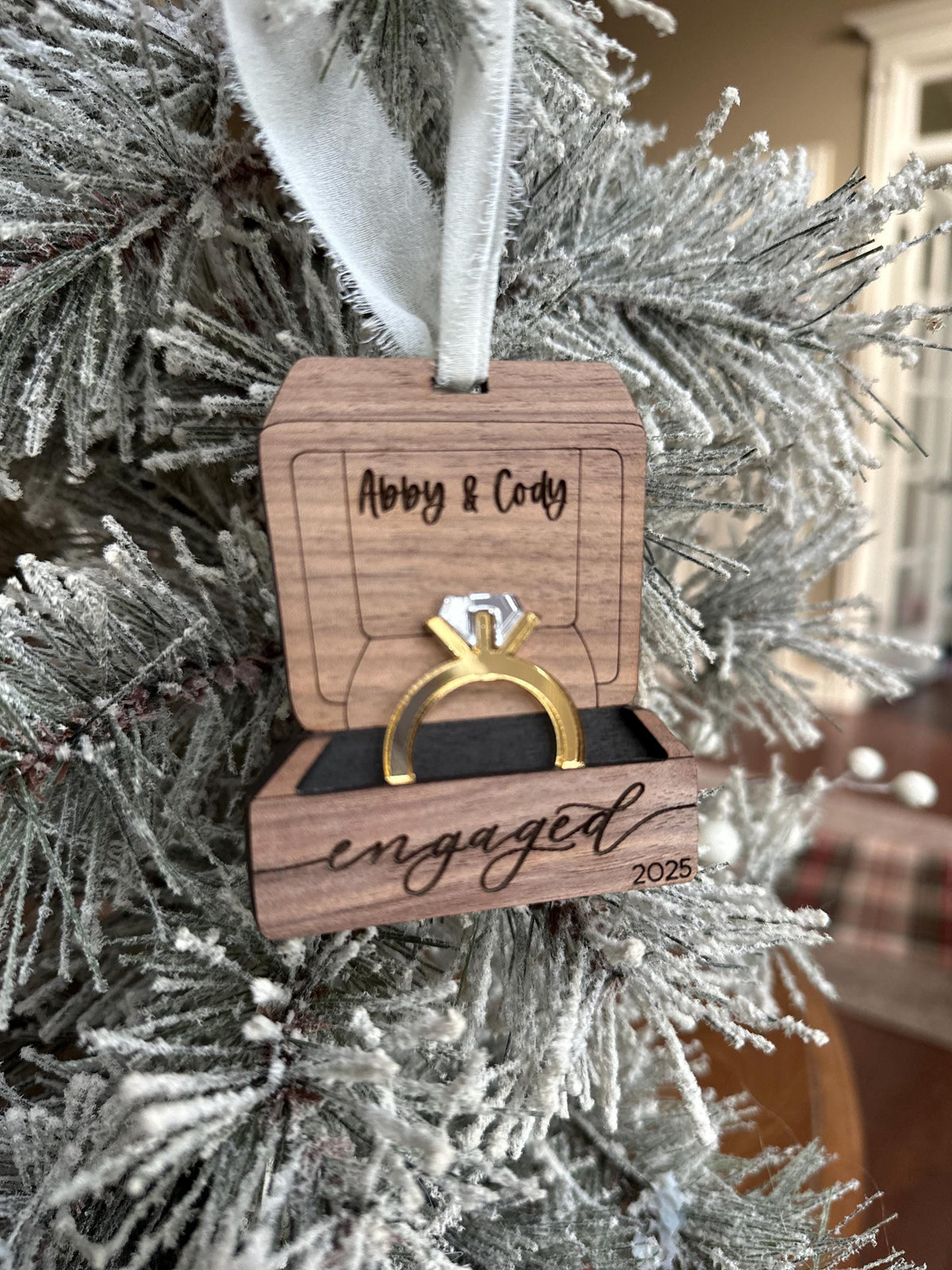 Personalized 2026 engagement ring ornament, custom engaged ring box wooden ornament for tree, bridal shower gift, acrylic wedding ring
