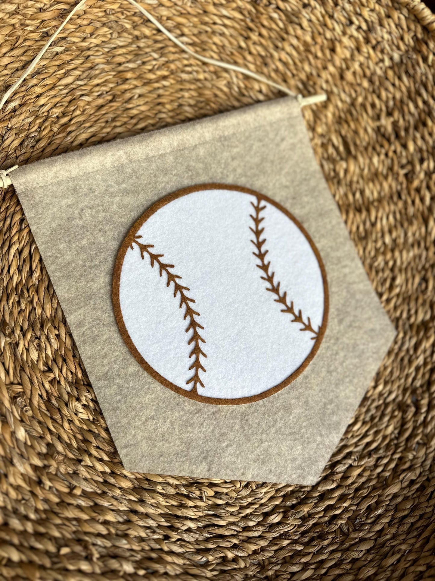 Sports pennant wall hanging for kids room, neutral felt basketball, baseball, football, golf, soccer wall art