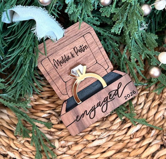 Personalized 2026 engagement ring ornament, custom engaged ring box wooden ornament for tree, bridal shower gift, acrylic wedding ring