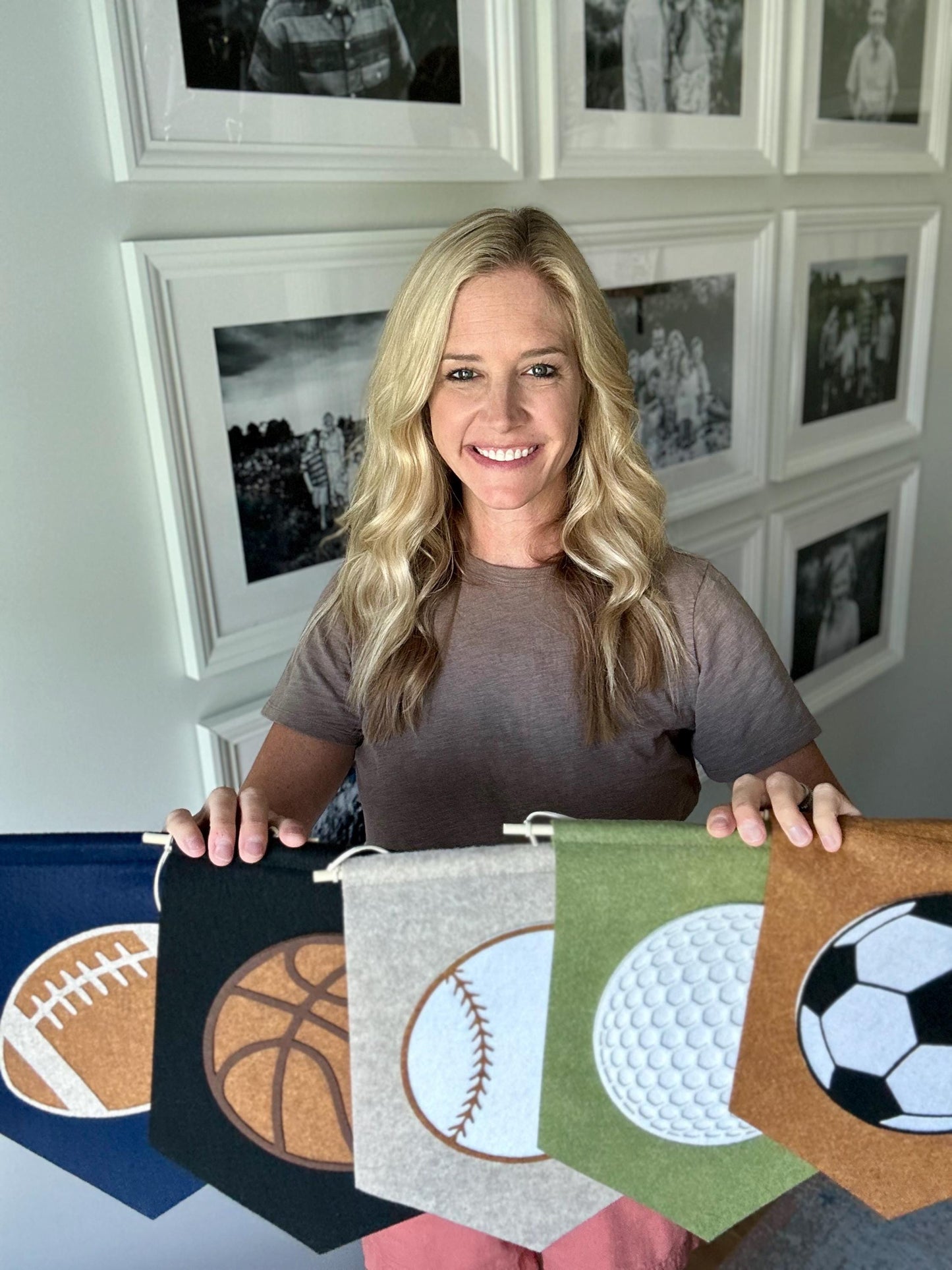 Sports pennant wall hanging for kids room, neutral felt basketball, baseball, football, golf, soccer wall art