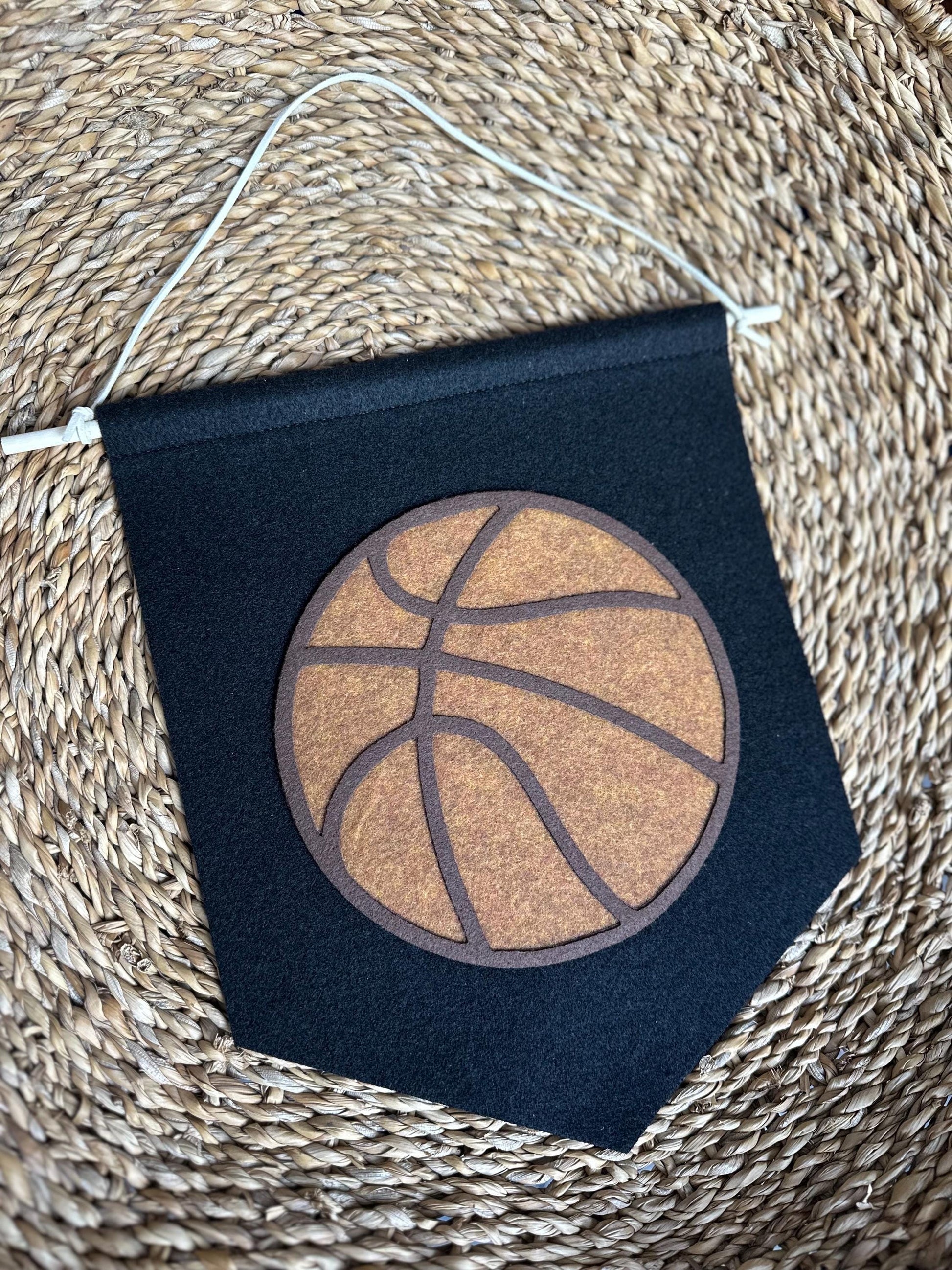 Sports pennant wall hanging for kids room, neutral felt basketball, baseball, football, golf, soccer wall art
