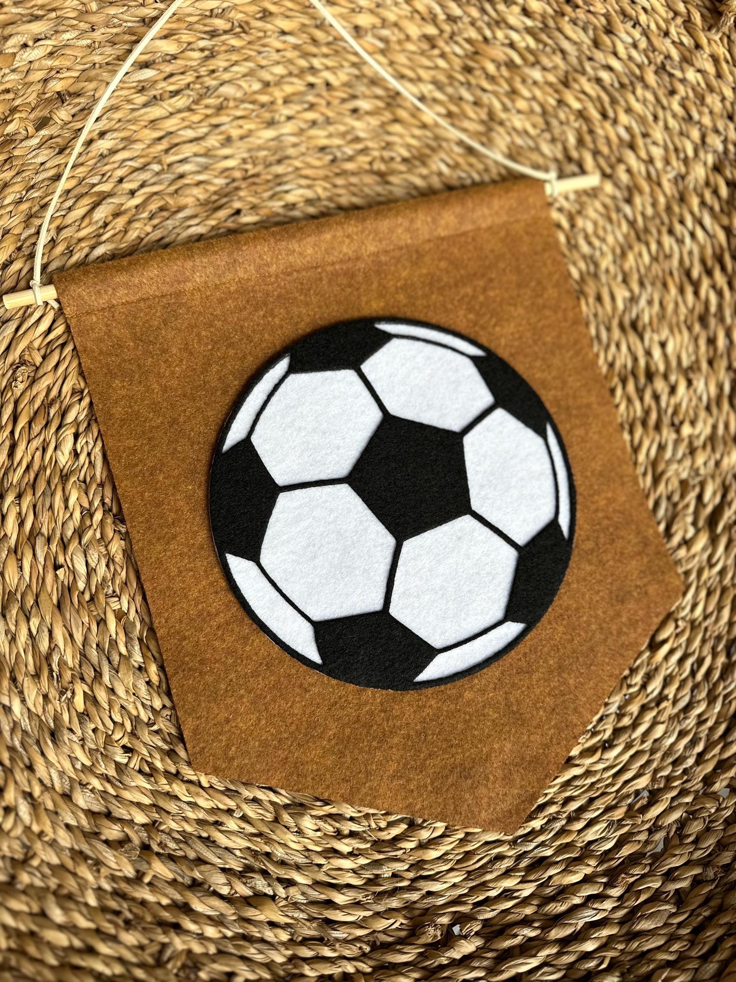 Sports pennant wall hanging for kids room, neutral felt basketball, baseball, football, golf, soccer wall art