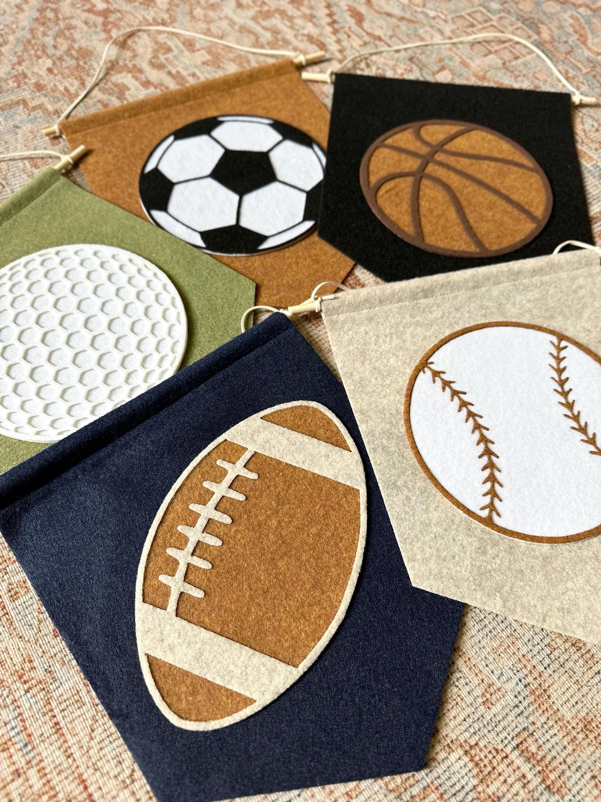 Sports pennant wall hanging for kids room, neutral felt basketball, baseball, football, golf, soccer wall art