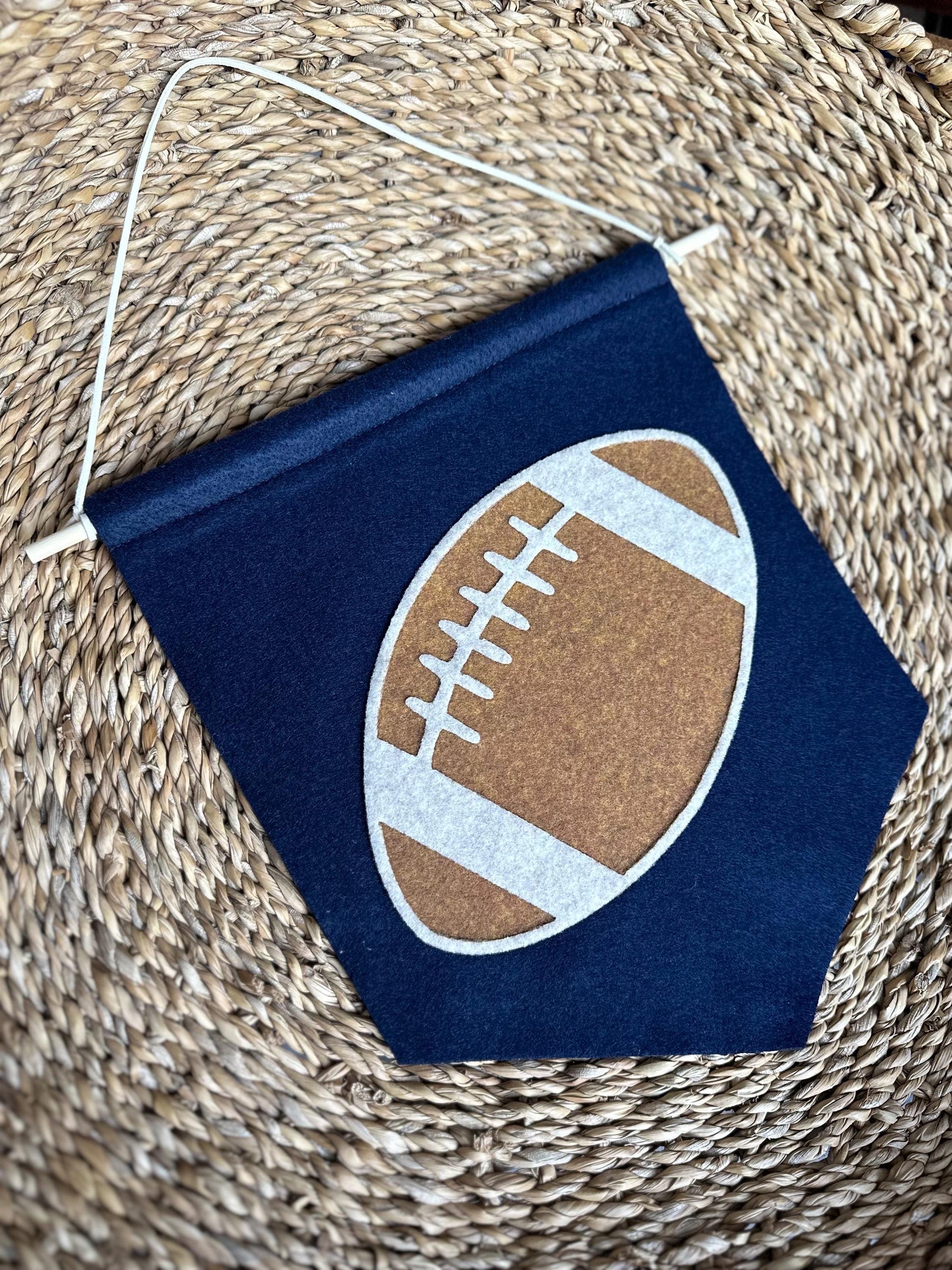 Sports pennant wall hanging for kids room, neutral felt basketball, baseball, football, golf, soccer wall art