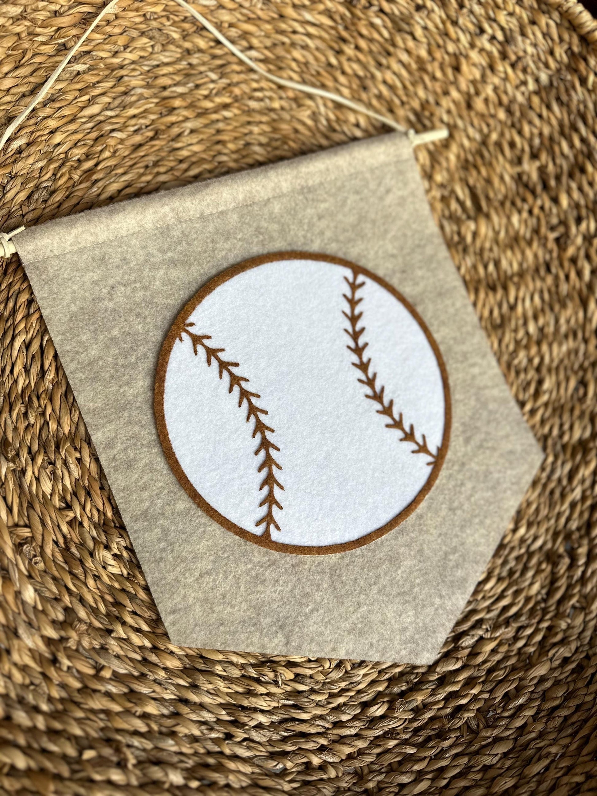 Sports pennant wall hanging for kids room, neutral felt basketball, baseball, football, golf, soccer wall art