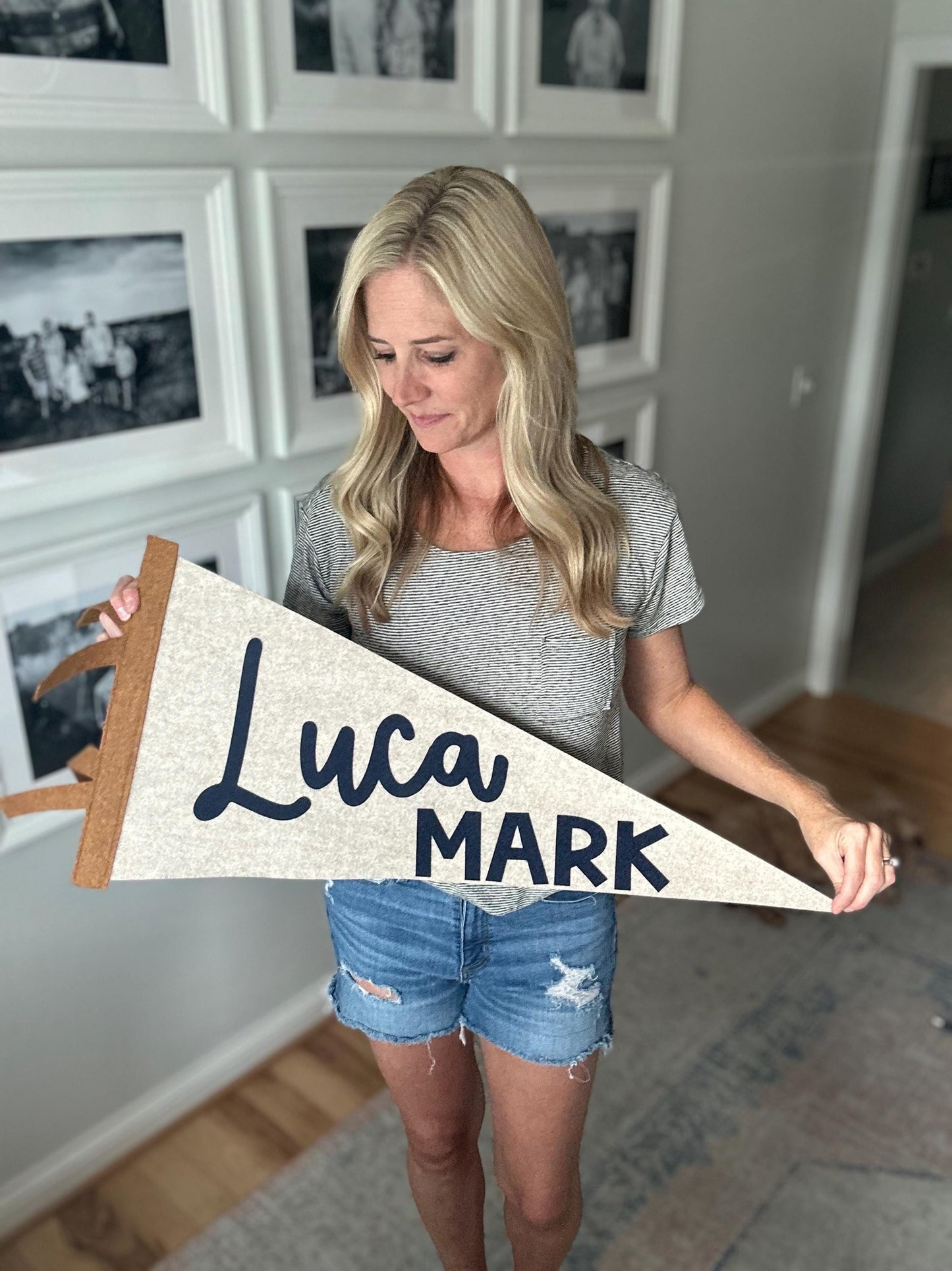Large 30 inch custom name felt pennant, over crib name flag, personalized wall decor for boy or girl,  neutral nursery decor name sign