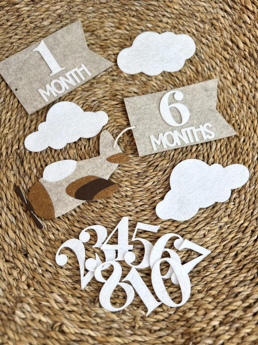 Airplane monthly milestones with flag banner, baby shower gift for new mom, felt first year photo prop