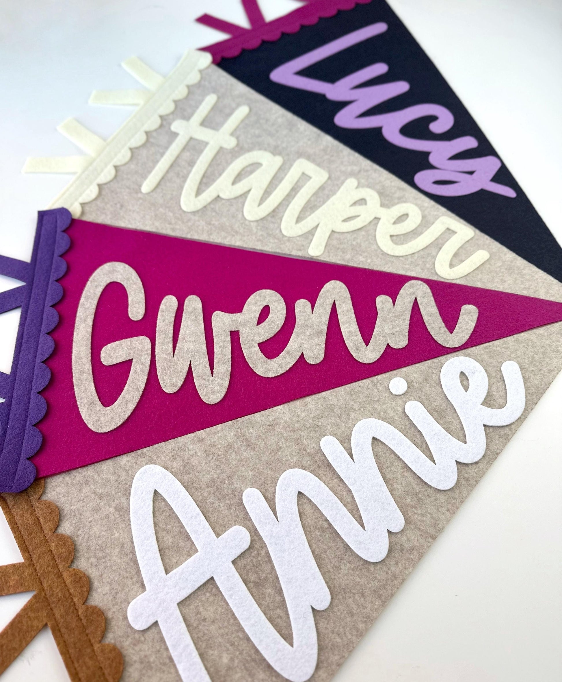 Personalized scalloped name pennant flag for girls room, custom felt name banner for new baby gift,  neutral nursery name sign for girl