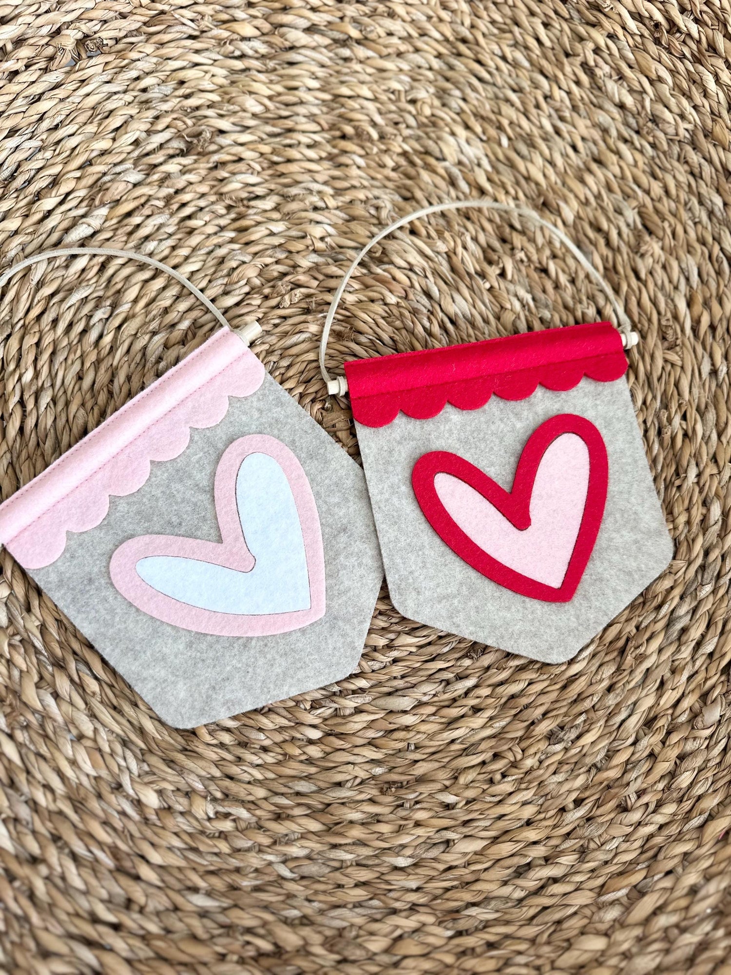 Valentine's Day pennant flag on stick, red or pink heart decorations for kids, love or xoxo flag