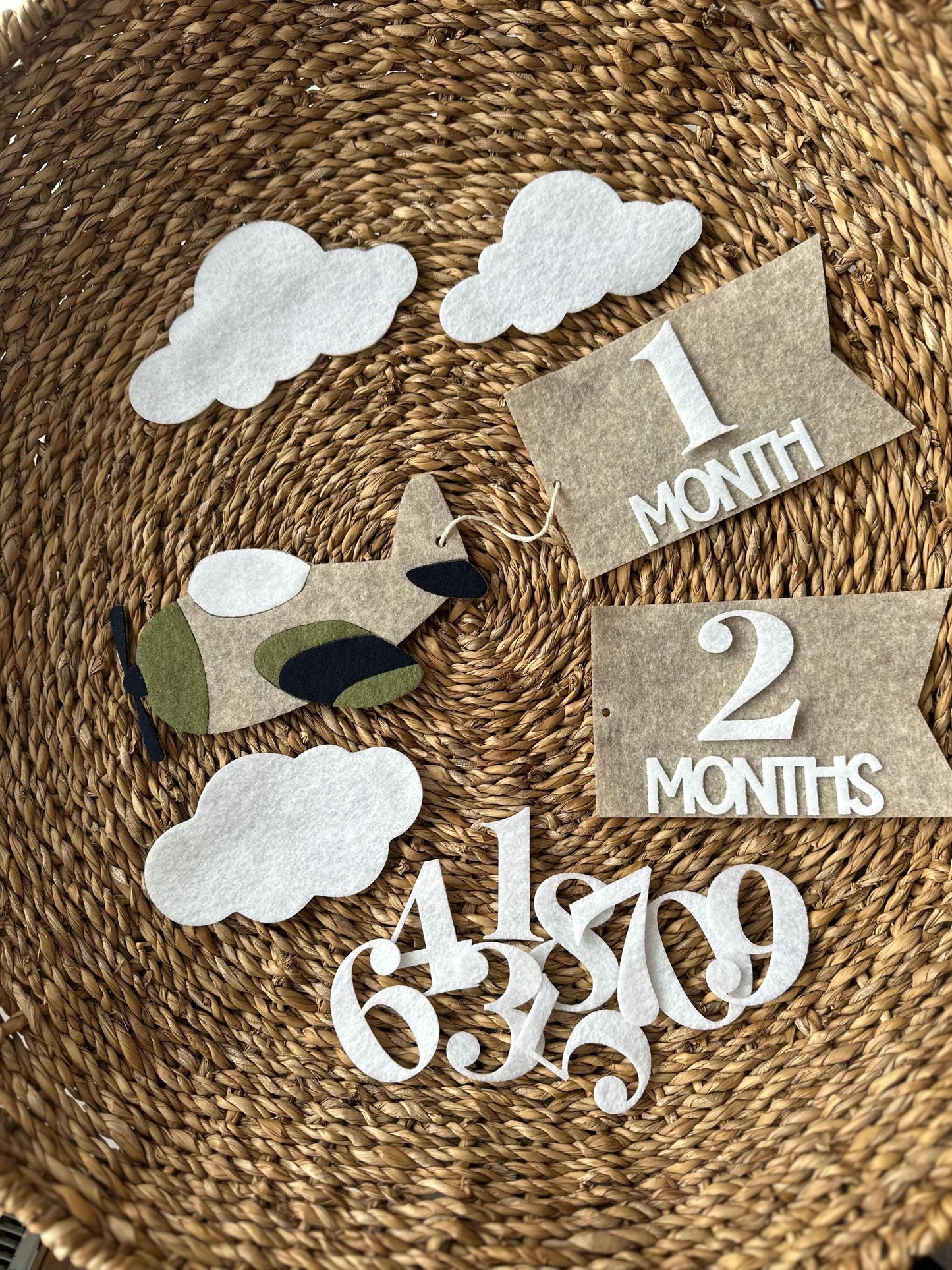 Airplane monthly milestones with flag banner, baby shower gift for new mom, felt first year photo prop