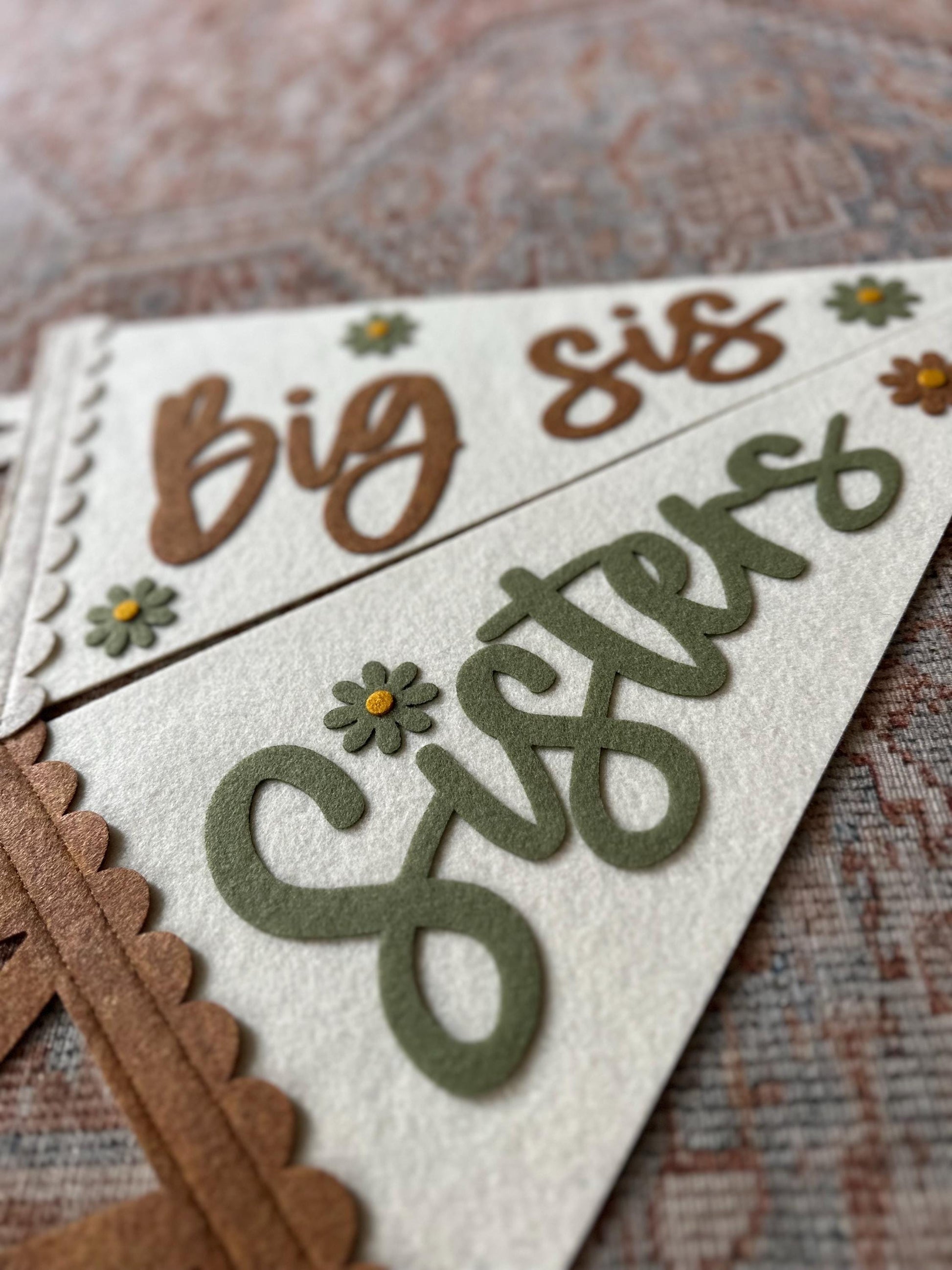 Scalloped name felt pennant for girl room, big sister flag for photos, little girl shared room wall art with flowers