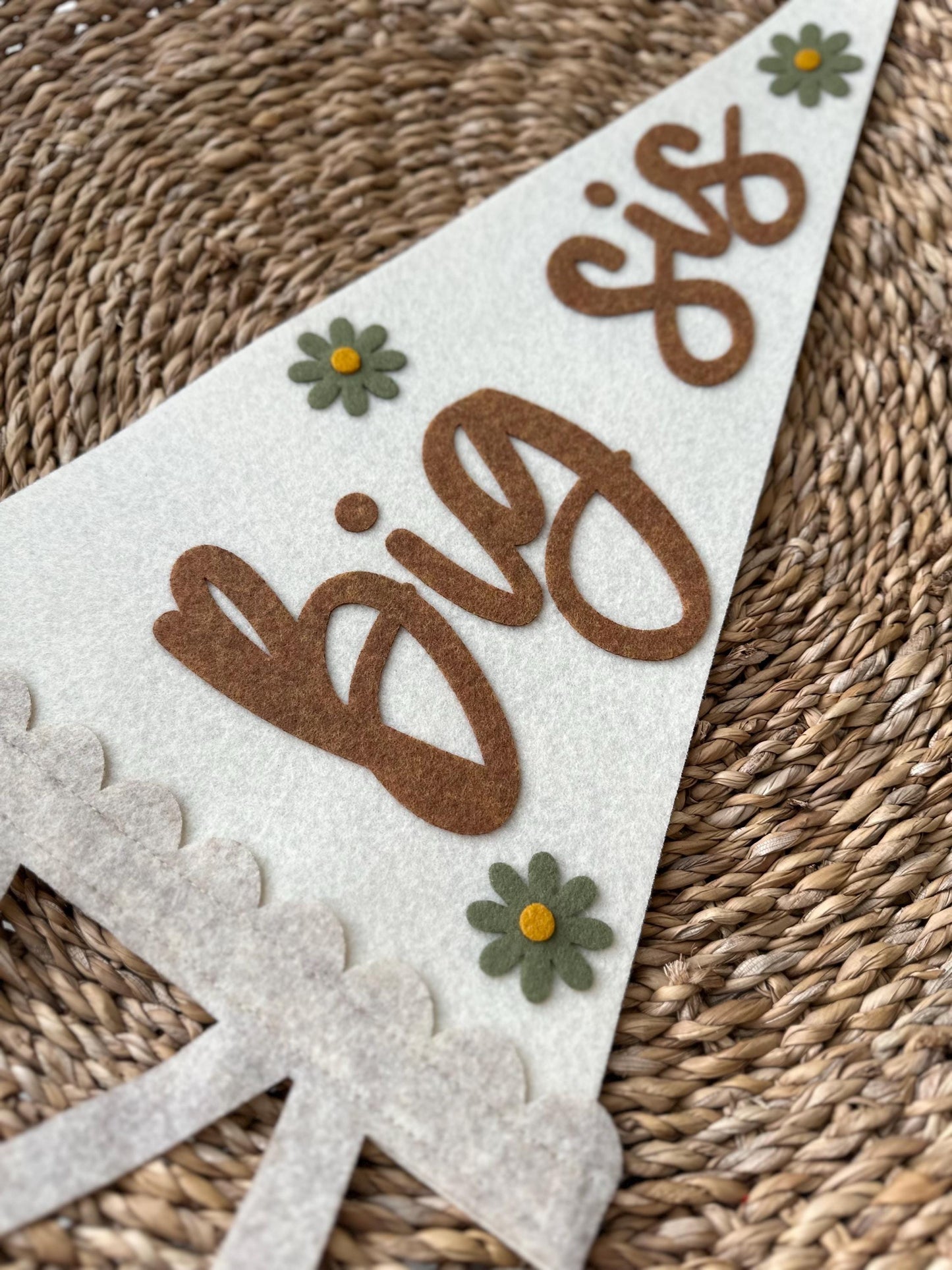 Scalloped name felt pennant for girl room, big sister flag for photos, little girl shared room wall art with flowers