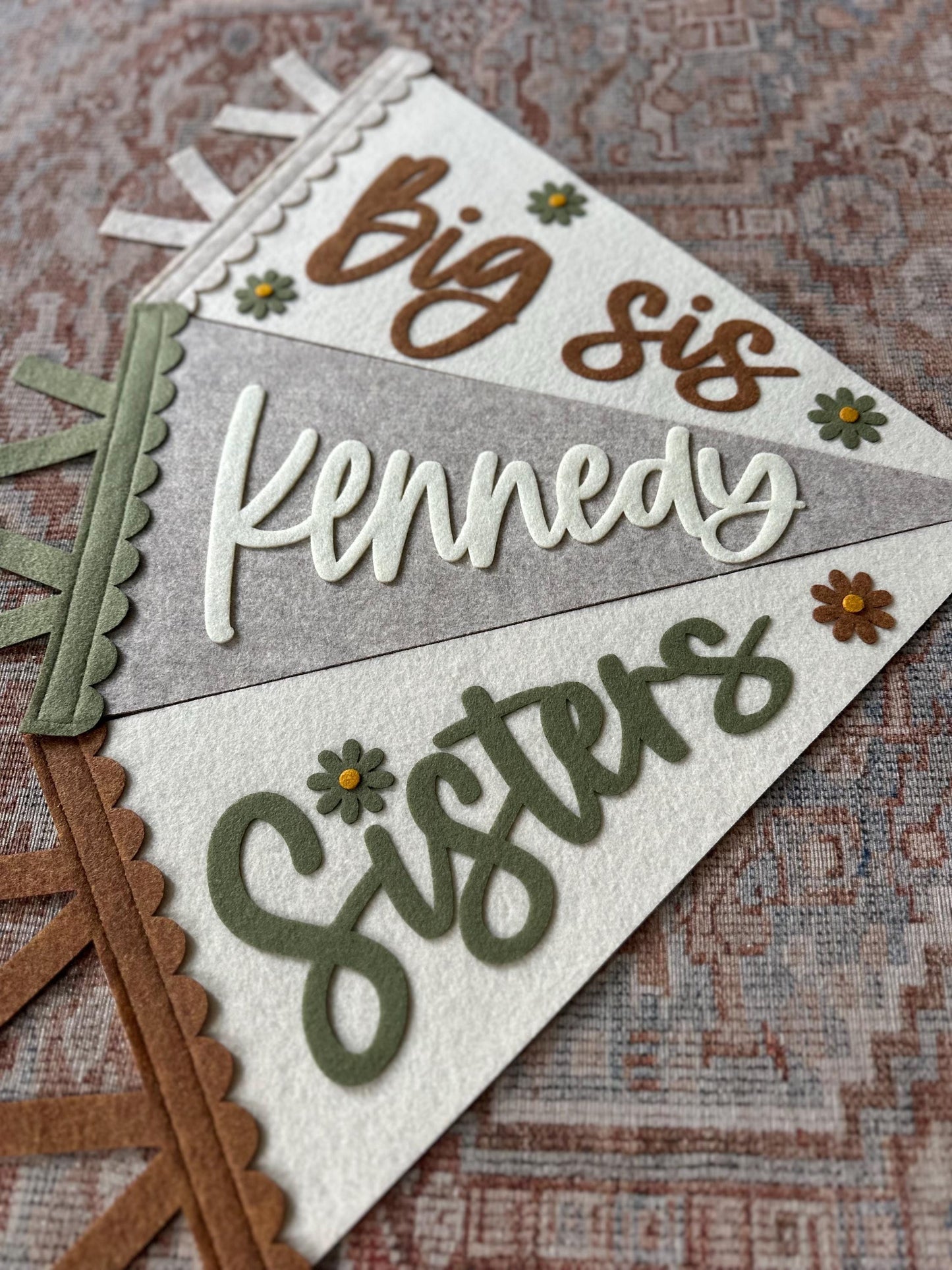 Scalloped name felt pennant for girl room, big sister flag for photos, little girl shared room wall art with flowers