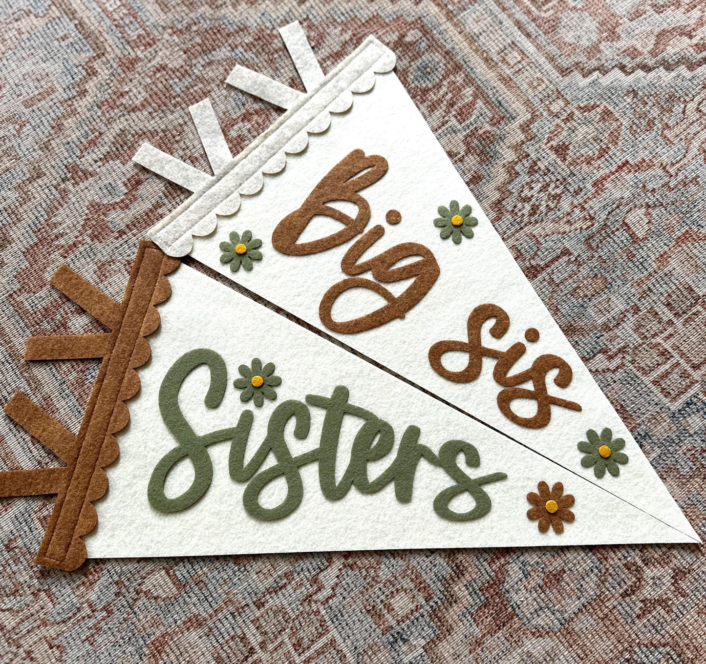 Scalloped name felt pennant for girl room, big sister flag for photos, little girl shared room wall art with flowers