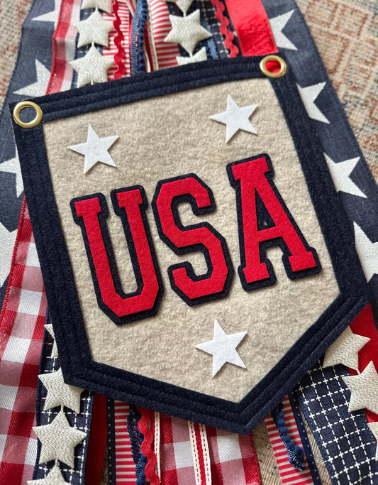 USA felt banner, red white and blue pennant flag for wreath, Fourth of July front porch decor, Memorial Day