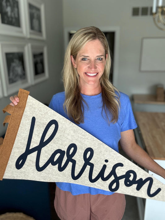 Extra large 38in. custom name felt pennant, over crib name flag, personalized wall decor for boy or girl,  neutral nursery decor name sign